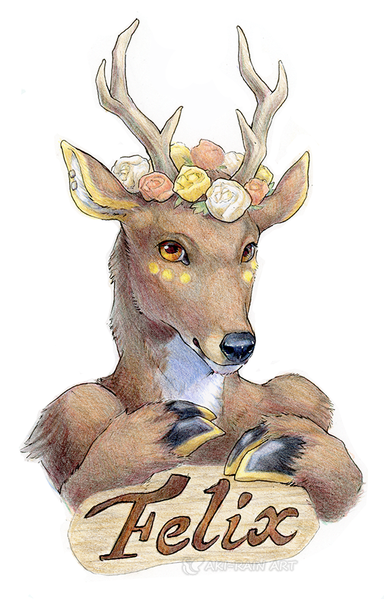 A colored pencil drawing of an anthropomorphic deer character. They have orange eyes, yellow accent markings and are wearing a flower crown of yellow, orange and white roses.