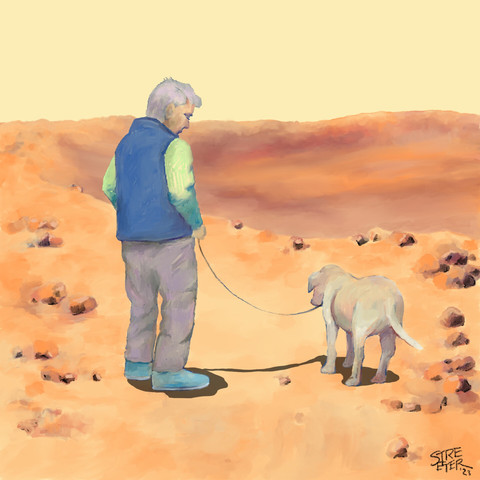 Illustration of an older man out walking his dog on mars