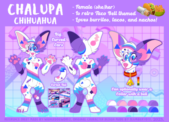 A reference sheet of a retro Taco Bell themed female chihuahua character named Chalupa. She has a bunch of late 1980s / early 1990s design motifs patterned all over her body. In a headshot view, she is wearing a collar, with colors based off the 1985 version of the Taco Bell logo.
