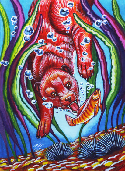 a painting of an extinct sea mink. an otter-like creature is shown breaking through long strings of seaweed to catch a fish. there's sea urchins at the ocean floor. the colors are all exaggarated.