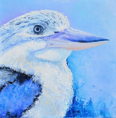 Oil painting of an Australian blue winged Kookaburra, painted with a palette knife giving a thick feathery texture. The Kookaburra is a type of kingfisher, has a long beak, white feathers on his head and breast and blue and black feathers on his wing. The background of this painting is painted in soft shades of blue.