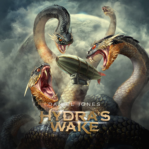 Cover Art for Hydra's Wake. An Action Thriller novel in the Creature Feature niche.
The art showcases a massive four-headed hydra attacking a dirigible. The Hydra's heads are full of spines and have huge snake-like fangs. There's a lot of smoke surrounding the heads and a planet is seen in the background.
The Title font is bronze plated and gives off a steampunk/SciFi kind of vibe.
The image is intense.