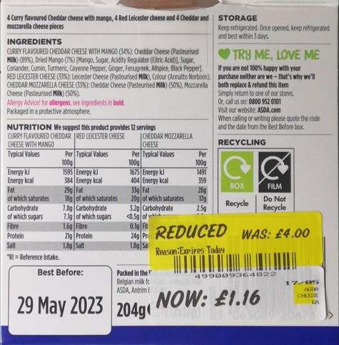 According to the ingredients listed on the box, the 3 flavours are:
Curry flavoured cheddar with mango, 
Red Leicester, and Cheddar mozzarella