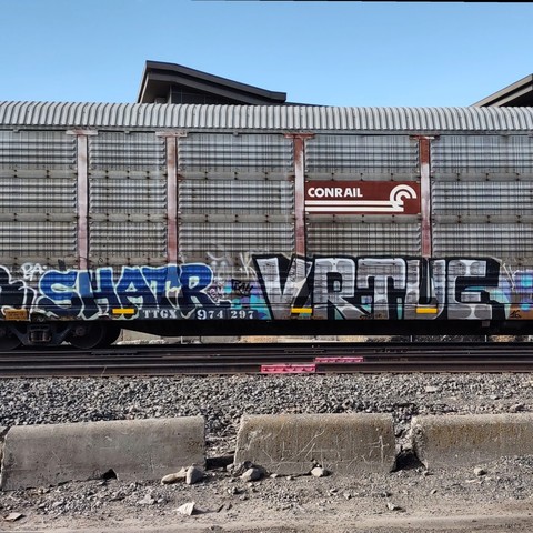 Train car with graffiti rolling through Kamloops BC Canada