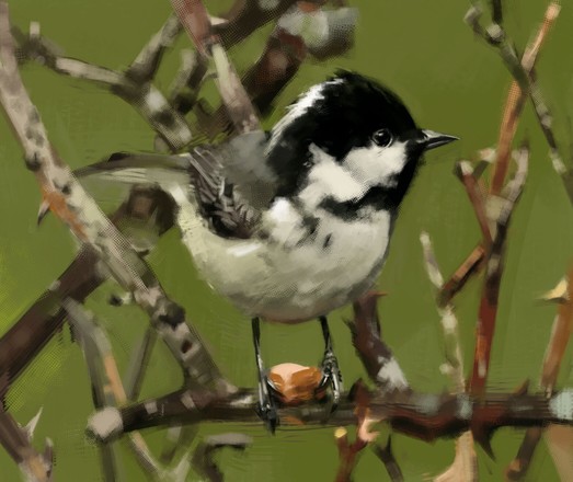 Digital illustration of coal tit amidst thorny branches