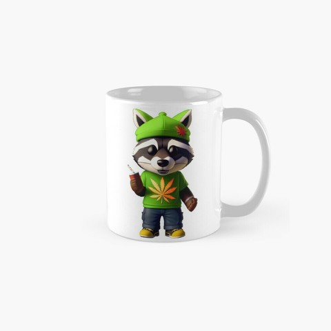 Raccoon in green shirt and hat on coffee mug