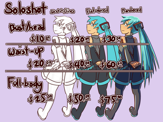 Price sheet for a solo shot of a character. Pricing options available for bust, waist-up, and full-body artwork rendered as either a sketch, flat-colored, or fully rendered piece.