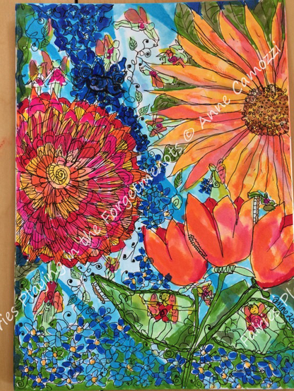 A whimsical painting of tulips, dahlias, forget me nots and sunflower with many small fairies hidden doing all kinds of activities.