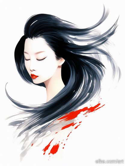 Woman Portrait, black and red on white. Chinese Brush Style, minimalist and elegant.