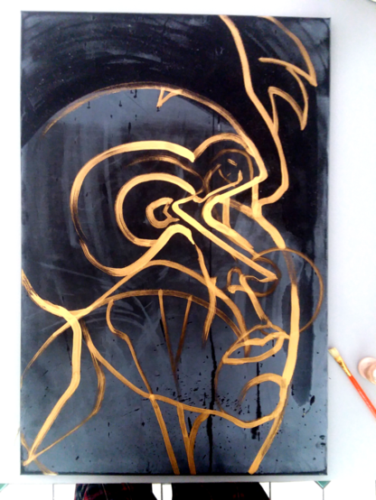 This is simply a continuation of this painting in my "old style", or the one I worked in prior to 1993. It adds a few more lines in a work which is already very linear, with metallic gold lines over an ink-washed background.
Thank you for your interest in this developing image!