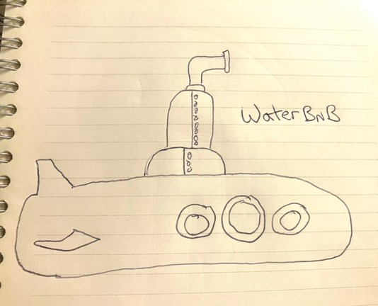 Crappy drawing of a submarine with three peep holes on the side and the caption โWaterBnBโ.