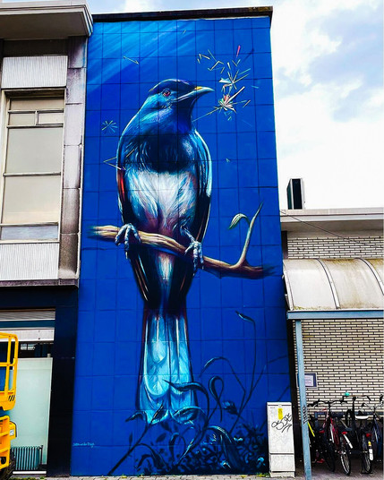 A blue bird spraypainted on a blue backround on a narrow, tall outside wall.
