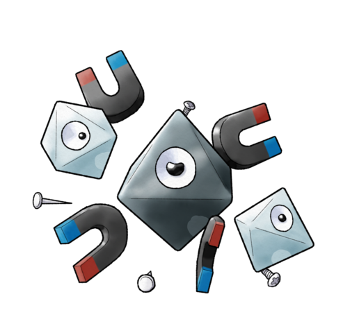 A redesigned Magneton made of three octahedral Magnemites. The central Magnemite is bigger and darker than the other two. Magnets, nails and screws float around them, disconnected from the main body.