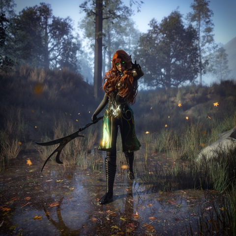 female slim elf with red hair and green glowing irises wearing some kind of green golden coat and armor, holding some kind of bath'leth-like pole weapon, looking at the viewer cautiously, left hand extended to the viewer. She is standing in shallow water in a rural, grassy environment with some trees. It is slightly foggy, leaves are flying around in the air.