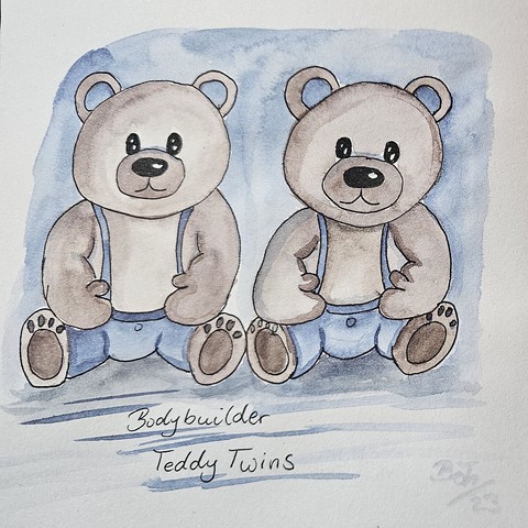 Aquarell: Zwei sitzende Teddybären in Hosen mit dicken Armen