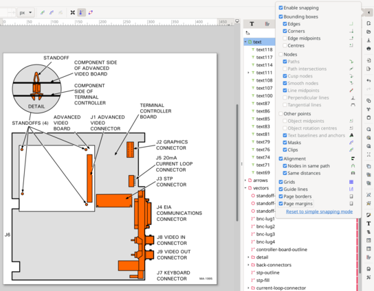A diagram being drawn in Inkscape, with a pop-up showing the snapping options. The diagram features multiple cut-throughs on an outline for arrows to pass through.