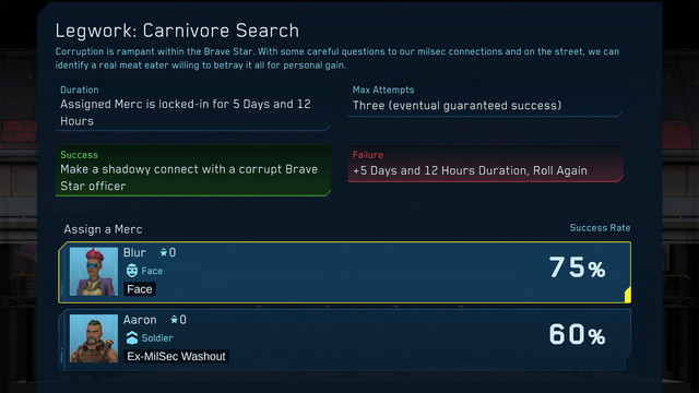 Screenshot from Cyber Knights: Flashpoint. Legwork interface screen offering the opportunity to search for a corrupt Brave Star officer. Shows what will happen on a success or failure, and offers a choice of which mercenaries on your crew could attempt the legwork, with their chance of success, based on their skills and traits.