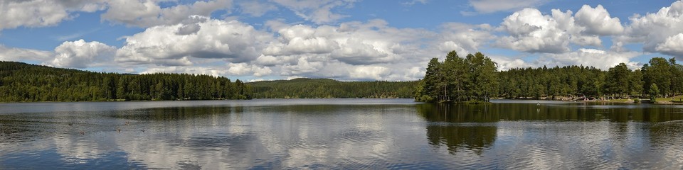A panoramic photo of a lake surrounded by trees with a small treed island in it. The sky is blue with many white clouds in it.
