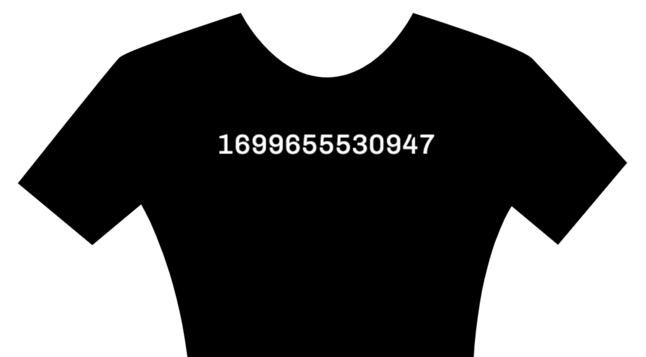 A black t-shirt with the current unix timestamp printed on it.