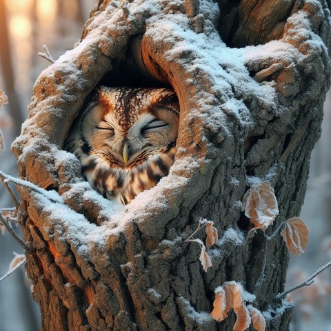 A close-up photo of an owl's sleeping face.Owls live in the hollows of old trees in forests filled with falling leaves. Although the owl's sleeping face blends in with the color of the tree, it still gives a powerful impression to the viewer. Only the owl's sleeping face can be seen peeking out from the hollow tree. Morning landscape with cold winter wind. The morning sun is shining through the trees and the owl.(Create by Bing Image Creator)