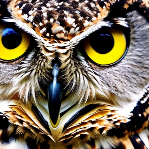 A close-up photo of an owl with its golden eyes wide open, the owl looming large towards the viewer. Owls live in tree cavities, so only their faces can be seen. Fallen leaves dance in the tree cavities, and a night scene with a dark sky and a bright moon. The owl's eyes sparkle and stare at the viewer.
(Create by Stable Diffusion)
