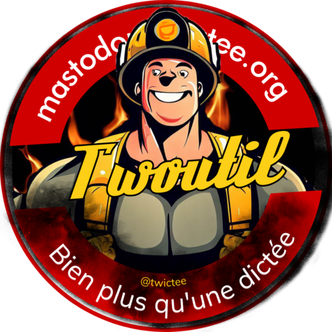 Visuel de la twictée 63. Un pompier Twictée se trouve devant un dossard sur lequel est inscrit Twoutil.