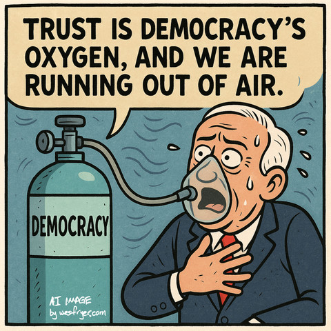 A cartoon illustration depicts a distressed man in a suit, wearing an oxygen mask connected to a tank labeled "DEMOCRACY." The caption reads, "Trust is democracy's oxygen, and we are running out of air." The man appears anxious,