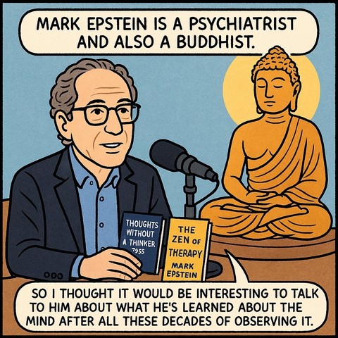 An illustration depicting a man, identified as Mark Epstein, a psychiatrist and Buddhist, sitting behind a microphone. He holds two books titled "Thoughts Without a Thinker" and "The Zen of Therapy." In the background, there is a statue of