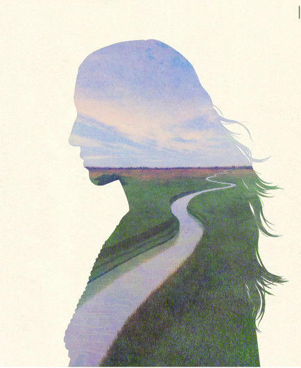 A double exposure image featuring a silhouette of a woman filled with a serene landscape, including a winding path and a cloudy sky. The background is softly textured, creating a dreamy effect.