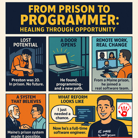 Square comic infographic titled “From Prison to Programmer.” Shows Preston’s journey from prison to becoming a software engineer, with five panels: lost potential, discovering programming, remote tech work, supportive prison system, and successful reform.