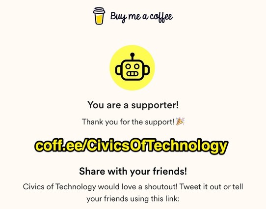 Screenshot from the "Buy Me a Coffee" platform showing a confirmation of support. A yellow robot icon is centered at the top. Below it reads: "You are a supporter! Thank you for the support! 🎉". Highlighted in bold yellow and black text is the link: coff.ee/CivicsOfTechnology. At the bottom, a message encourages sharing: "Civics of Technology would love a shoutout! Tweet it out or tell your friends using this link."