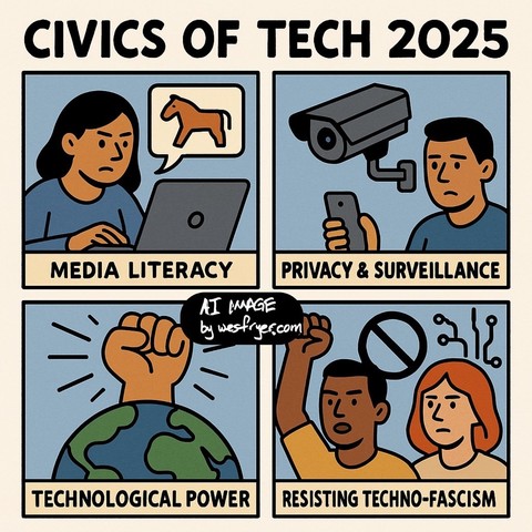 Alt Text:
Four-panel comic titled “Civics of Tech 2025” showing themes of media literacy (Trojan horse on screen), surveillance (man watched by camera), tech power (fist rising from globe), and resistance (people protesting oppressive tech).