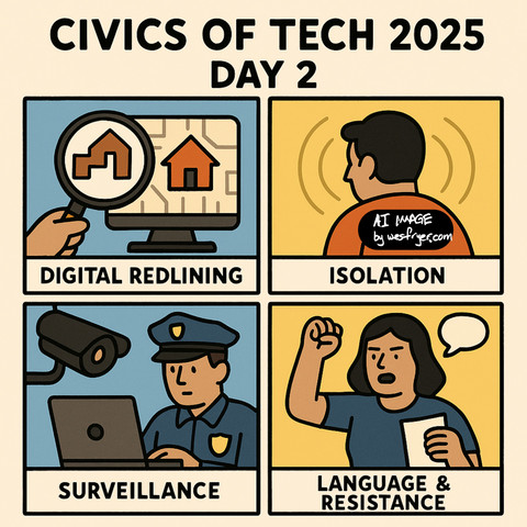 A four-panel comic titled “Civics of Tech 2025 Day 2” explores key themes from the conference. The first panel depicts a magnifying glass hovering over a computer screen displaying two houses on a digital map, representing the concept of digital redlining and inequities created by technology. The second panel shows a solitary figure surrounded by radiating lines, symbolizing the isolation fostered by dominant tech platforms. In the third panel, a police officer sits at a laptop beneath a survei…