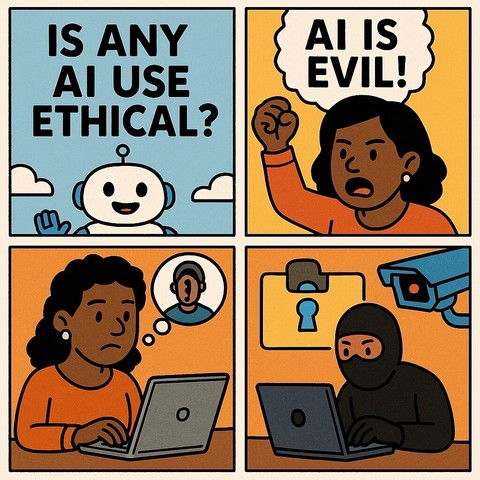 This square comic-style illustration consists of four panels exploring the ethical complexities of AI. The top-left panel shows a friendly-looking robot waving under a blue sky with the title “Is Any AI Use Ethical?” above its head. The top-right panel features a dark-skinned woman with black hair shouting “AI IS EVIL!” in a speech bubble, her fist raised passionately. The bottom-left panel depicts a thoughtful woman with medium skin tone working on a laptop, a thought bubble above her head sho…