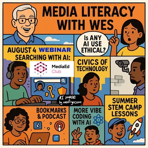 This colorful, comic-style digital illustration is titled “Media Literacy with Wes.” It is divided into six panels featuring gender-diverse and ethnically diverse characters. The top-left panel shows a smiling white man with glasses, representing Wes. To the right, a woman raises a finger beside the question, “Is Any AI Use Ethical?” The middle-left panel features a Black man wearing headphones using a computer with icons of a search bar, key, and shield—highlighting the August 4 Zoom webinar o…