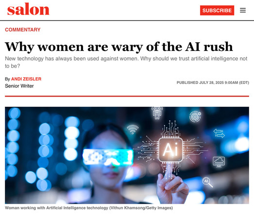 An article from Salon featuring a woman using artificial intelligence technology, highlighted by graphic elements depicting AI. The context addresses women's concerns about the rapid development of AI.