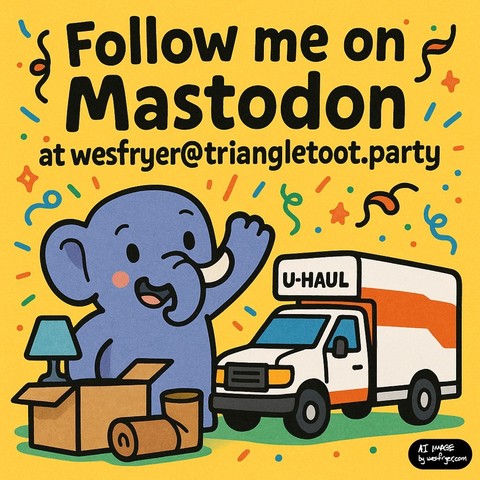 This image is a colorful, square comic-style illustration designed to announce a move to Mastodon. At the top, bold black text reads, “Follow me on Mastodon at [wesfryer@triangletoot.party](mailto:wesfryer@triangletoot.party).” Below the text, a cute, cartoon Mastodon mascot waves happily with a joyful expression. Next to the mascot is a white and orange U-Haul moving truck, emphasizing the idea of relocating. Surrounding the characters are moving boxes, a rolled-up rug, and a table lamp, reinf…
