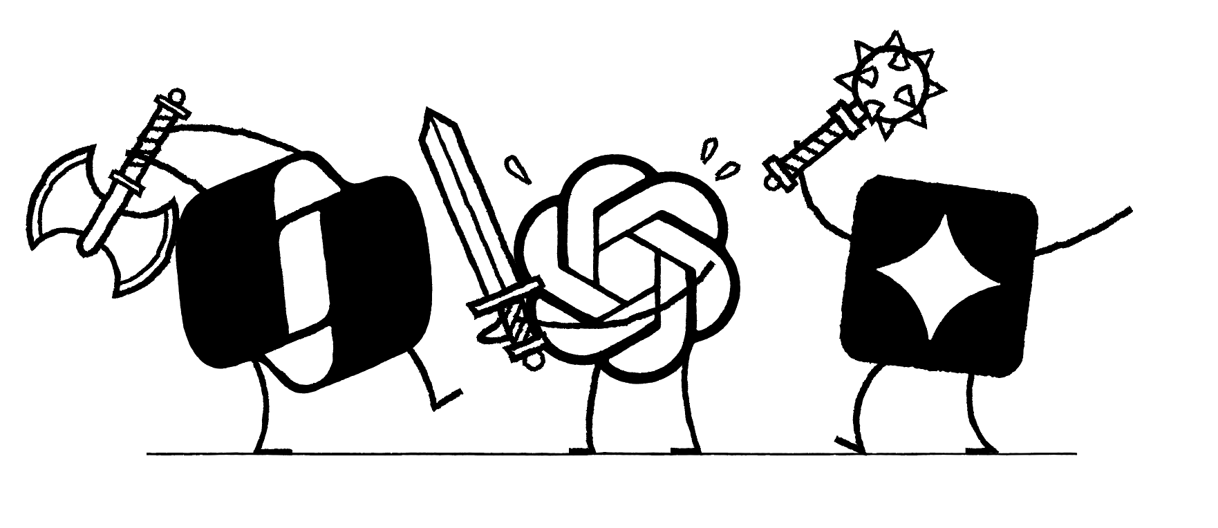 illustration of CoPilot, ChatGPT and Gemini as characters fighting with Medieval weapons.