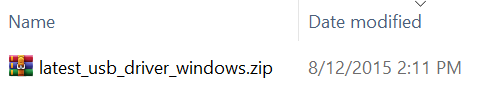 screenshot from a folder's file listing. The file is latest_usb_driver_windows.zip and the date is 8/12/2015 2:11PM.